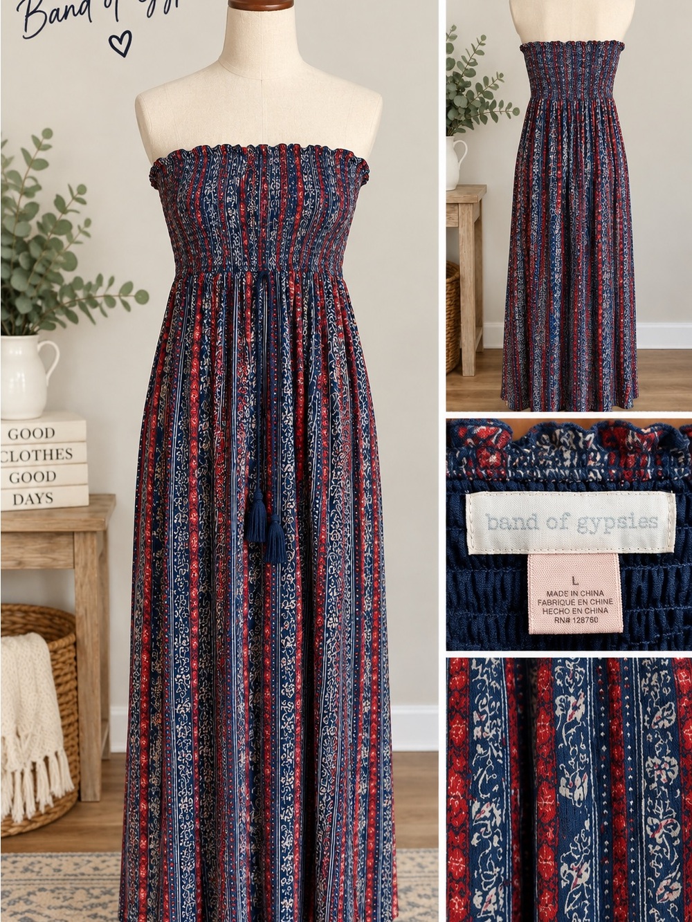 Band of Gypsies Navy, Red & White Strapless Smocked Maxi Dress